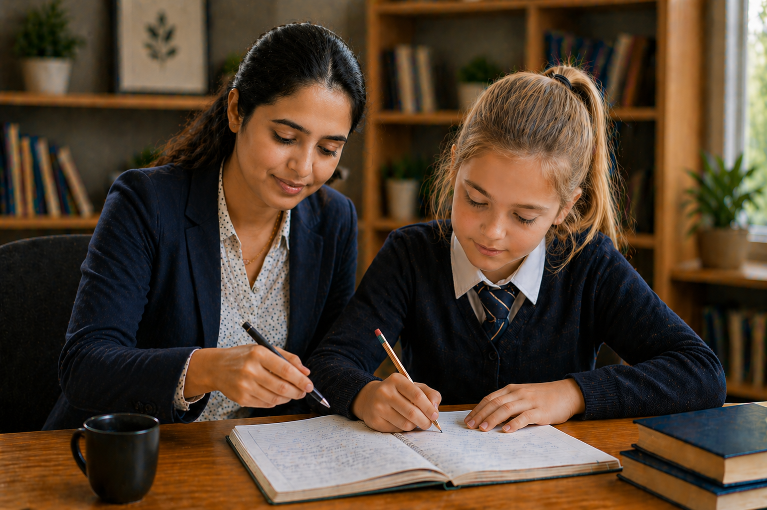 AI-generated tutor supporting a student in a calm study setting
