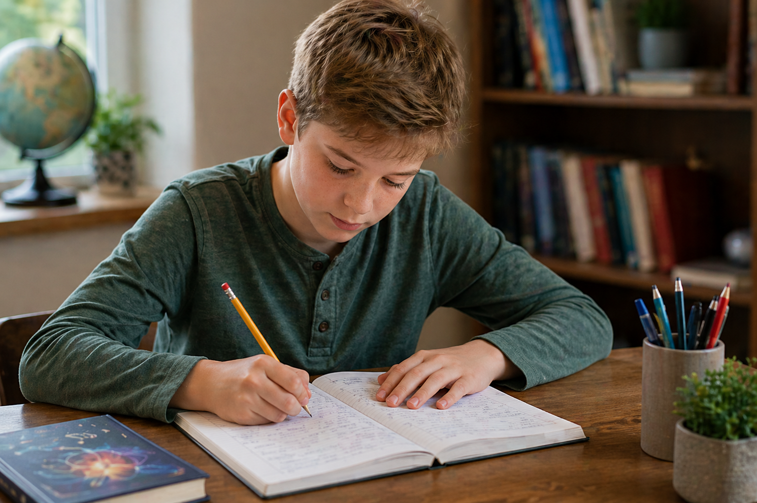 AI-generated smiling student reading a book