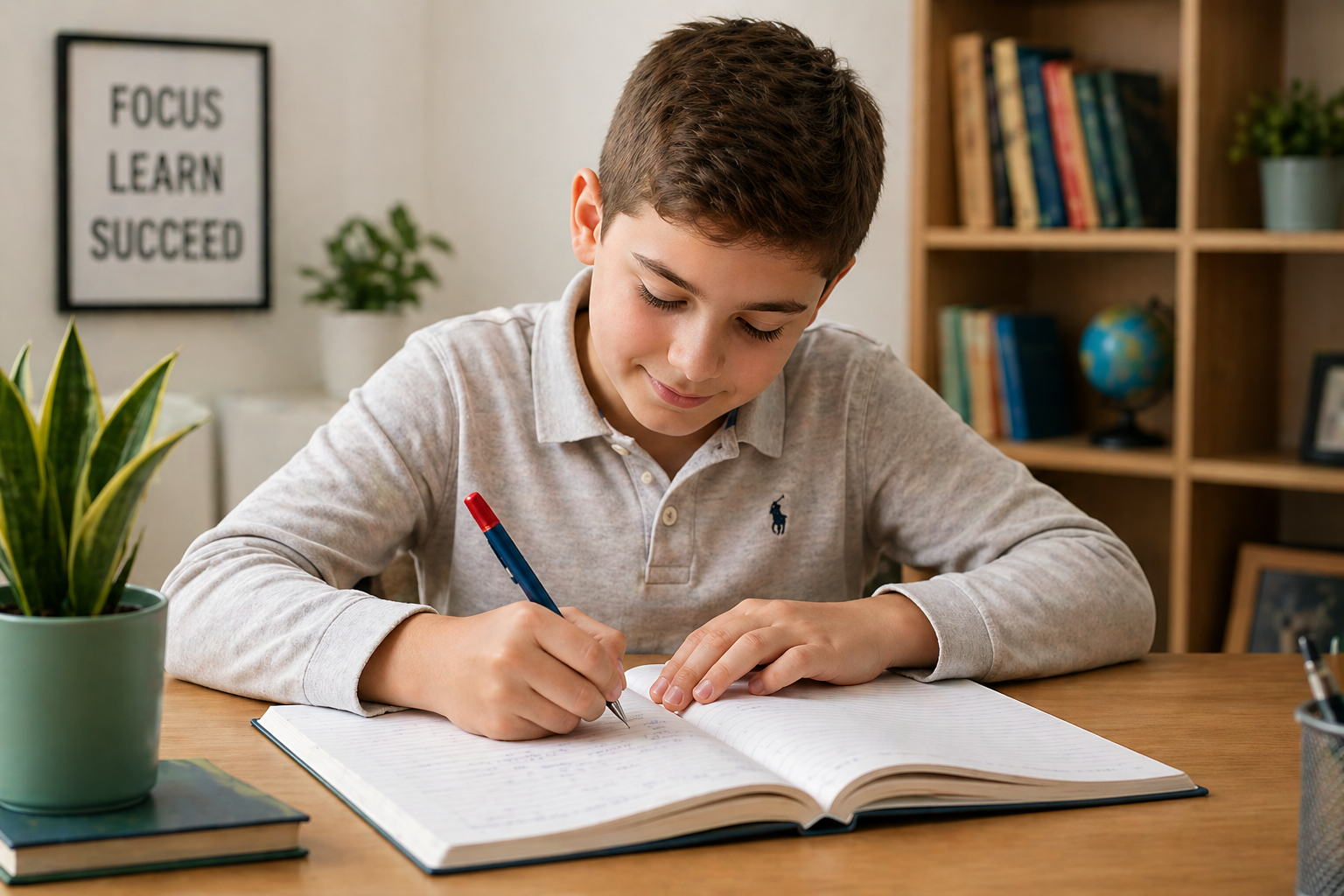 AI-generated student completing focused study work